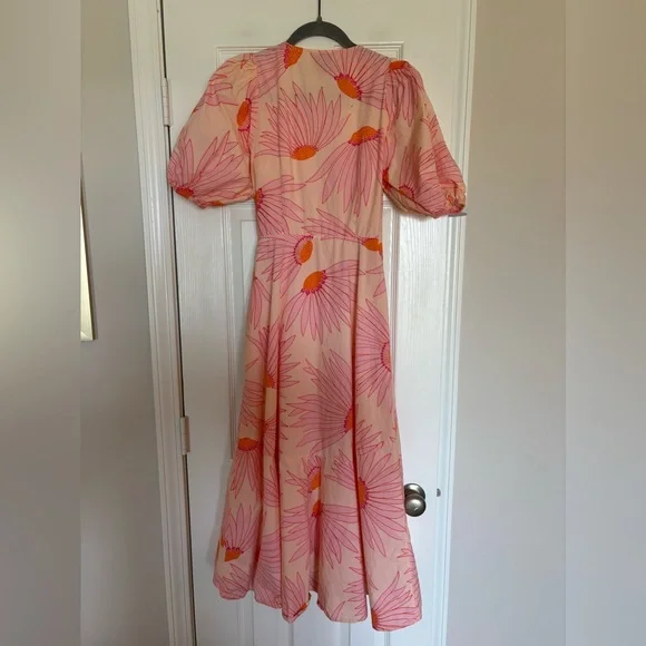 Kate Spade Falling Flower Wrap Midi Dress Pink Orange Puff Sleeve Size 4 - Picture 6 of 16
